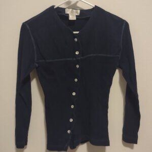 Navy Blue Button Up Knit Top with Contrast Stitching - Size M